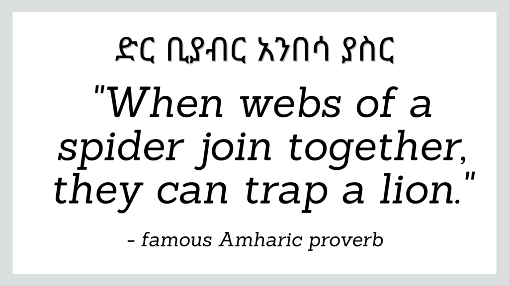 Famous Amharic proverb which reads 'when webs of a spider join together they can trap a lion'.