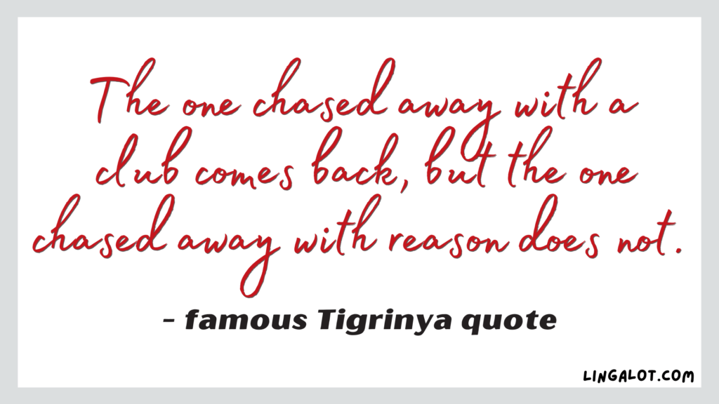 Famous Tigrinya quote which reads 'the one chased away with a club comes back, but the one chased away with reason does not'.