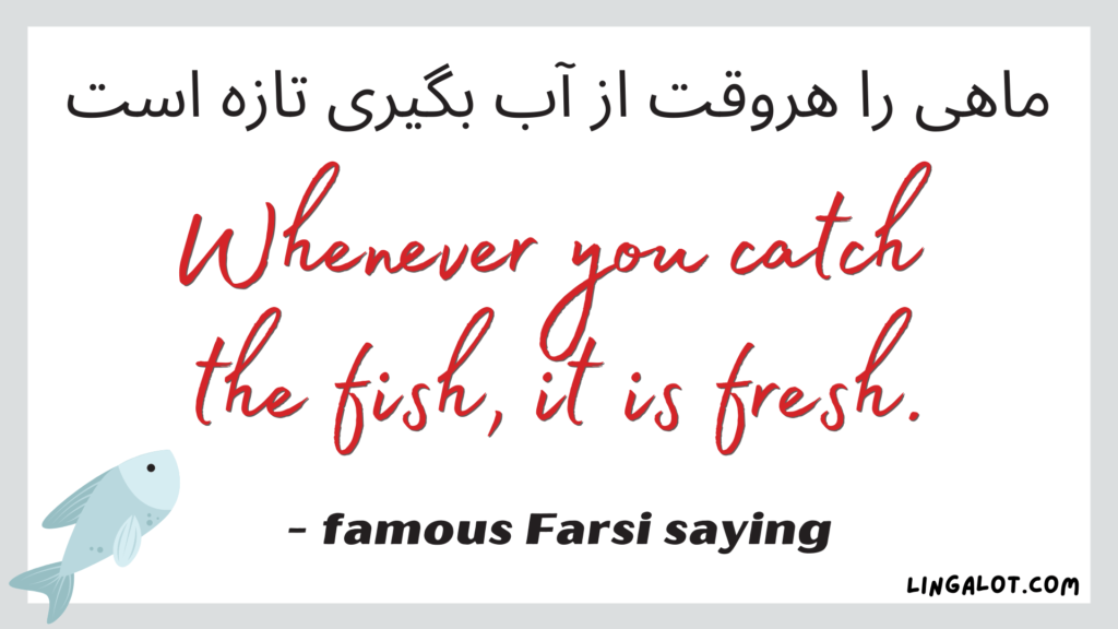 Famous Farsi saying which reads 'whenever you catch the fish, it is fresh'.