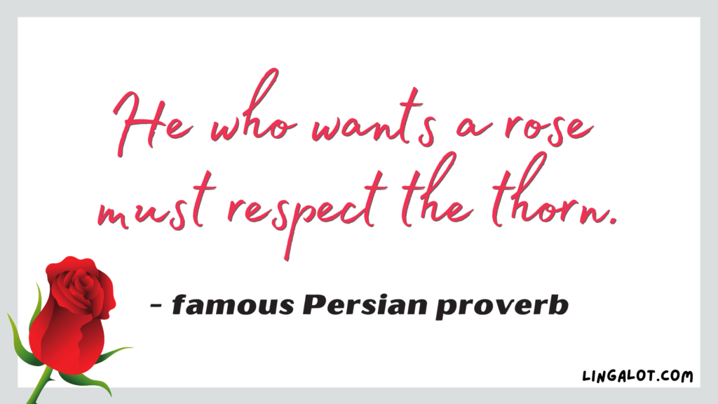 Famous Persian proverb which reads 'he who wants a rose must respect the thorn'.