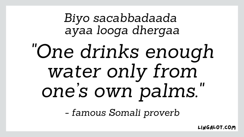 Famous Somali maahmaah proverb which reads 'one drinks enough water only from one's own palms'.