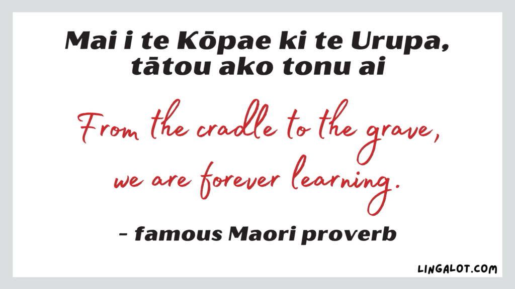 Famous Maori proverb which reads 'from the cradle to the grave, we are forever learning'.