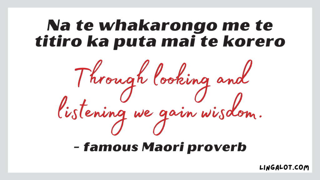 Famous Maori proverb which reads 'through looking and listening we gain wisdom'.