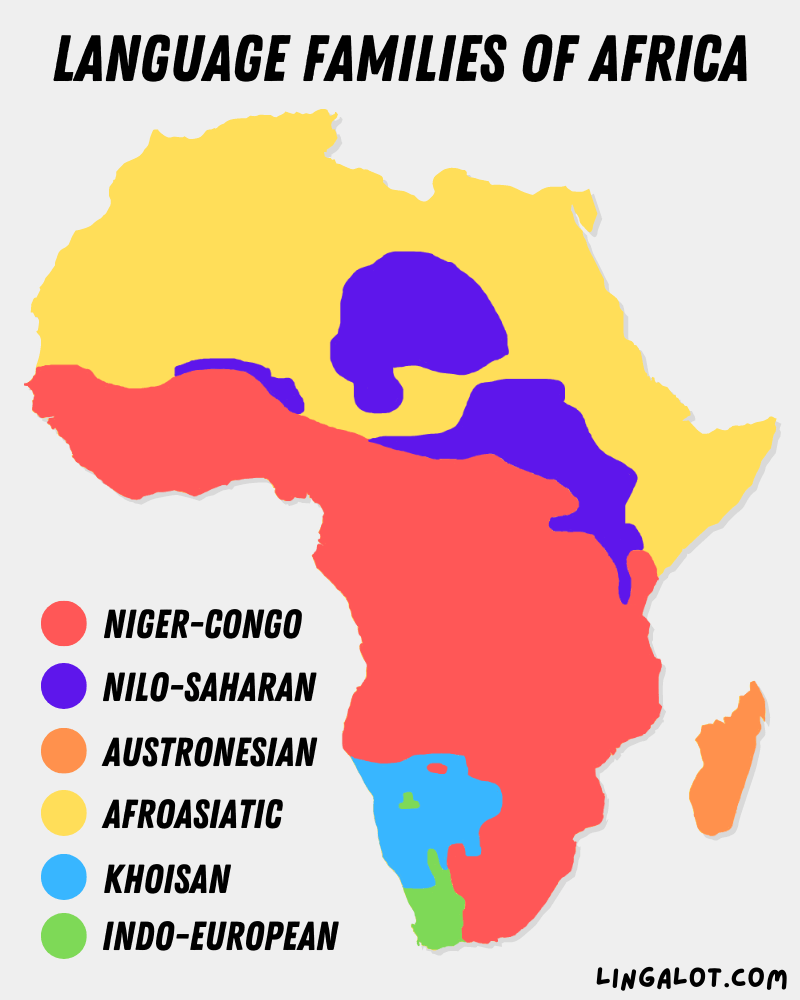 Map showing where the language families of Africa are spoken.