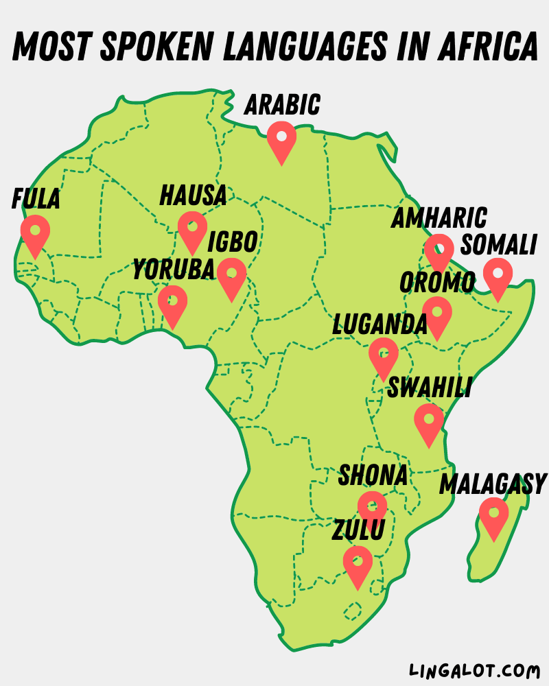 Map showing the most spoken languages in Africa and approximately where they are spoken.
