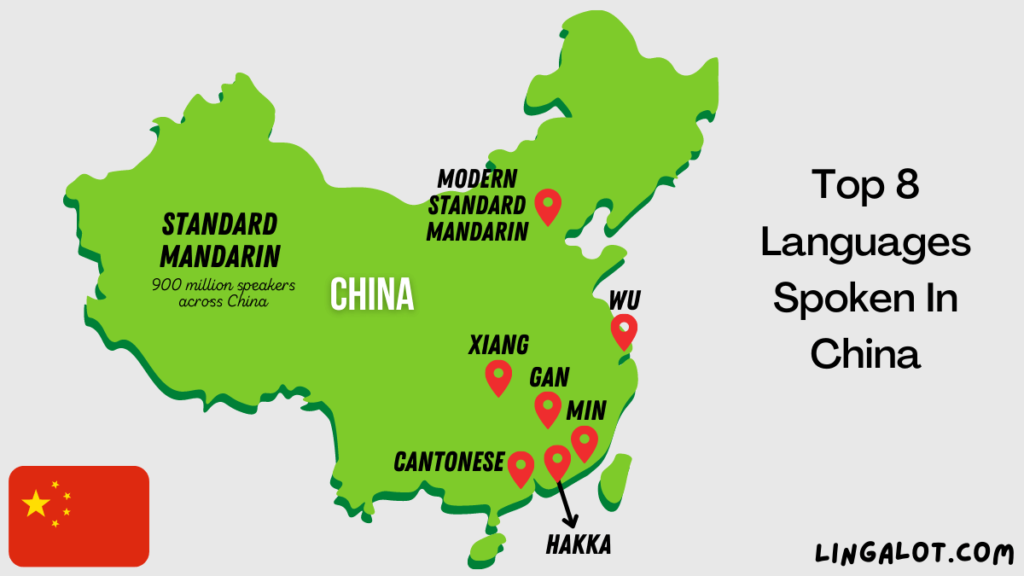 Map of China which shows the top 8 most spoken languages in China and where they are spoken.