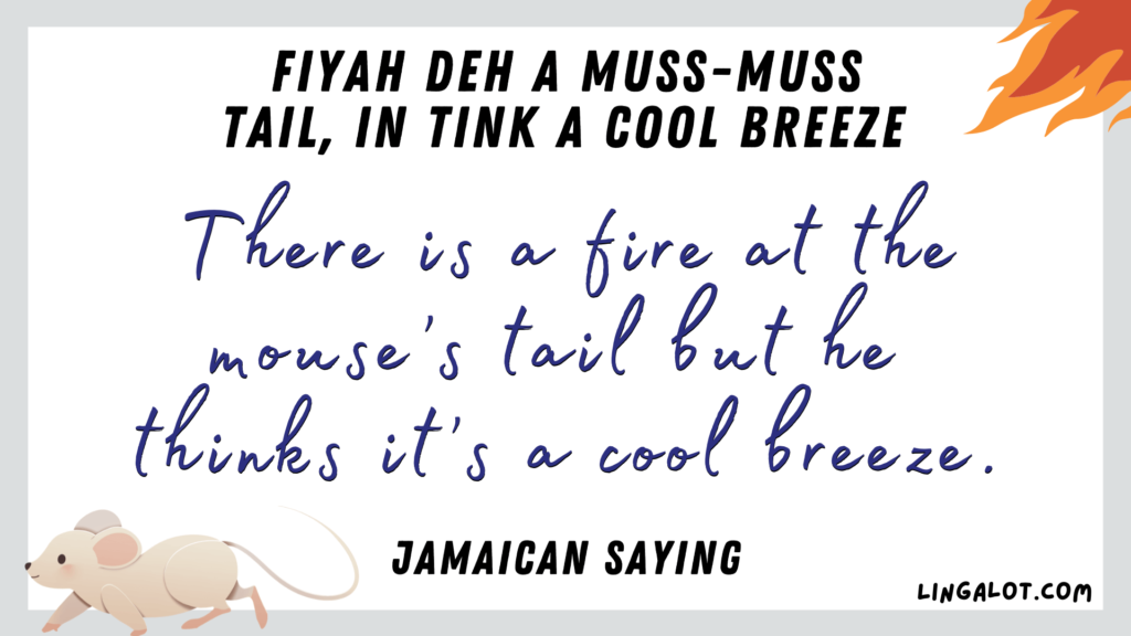Jamaican saying which reads 'there is a fire at the mouse’s tail but he thinks it’s a cool breeze'.