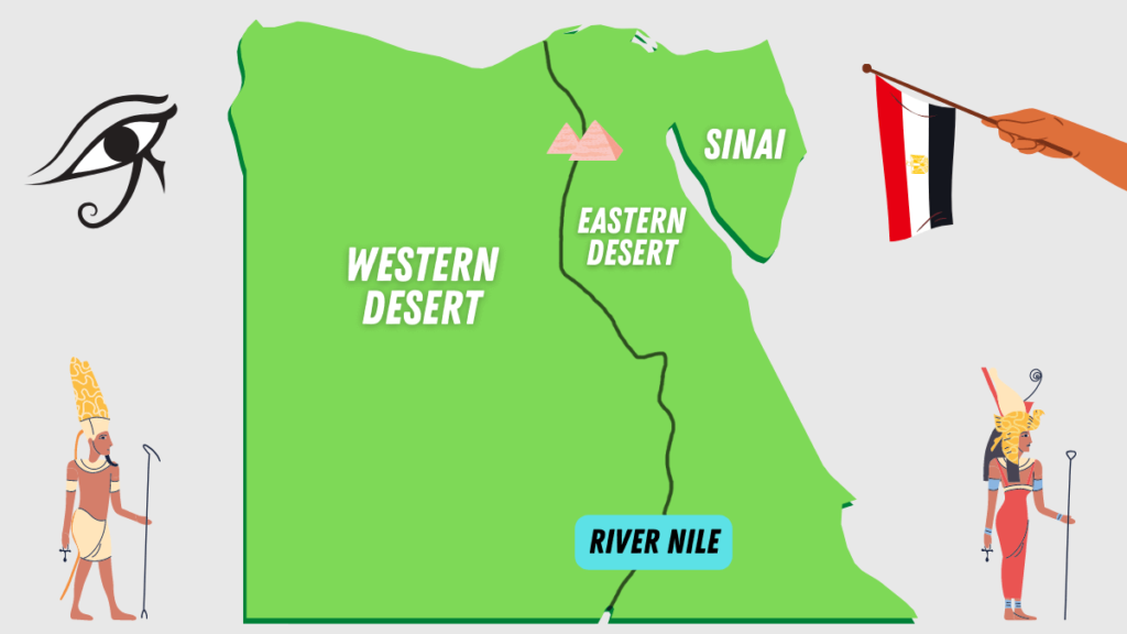Map showing locations of Sinai, Eastern Desert and Western Desert in Egypt.