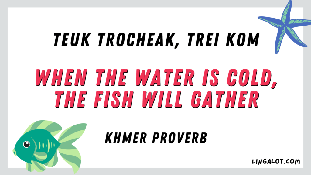Famous Khmer proverb which reads 'when the water is cold, the fish will gather'.