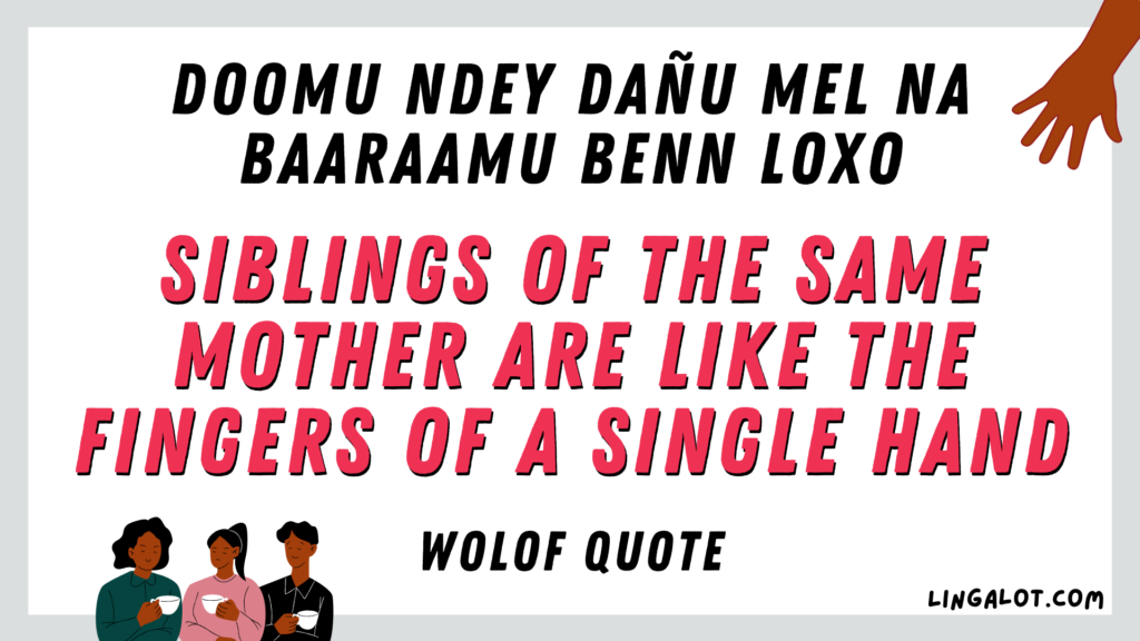 Wolof quote which reads 'siblings of the same mother are like the fingers of a single hand'.